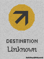 A simulated image of the stitched needlepoint design: Destination Unknown Passport Cover. Not A.I. generated.