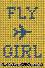 A simulated image of the stitched needlepoint design: Fly Girl Bag Tag. Not A.I. generated.