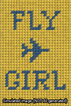 A simulated image of the stitched needlepoint design: Fly Girl Bag Tag. Not A.I. generated.