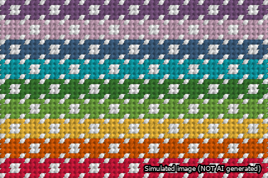 A simulated image of the stitched needlepoint design: Geometric Rainbow Bag Tag. Not A.I. generated.