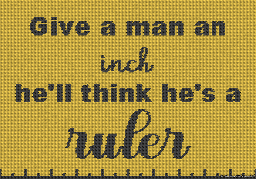 A simulated image of the stitched needlepoint design: Give a Man an Inch. Not A.I. generated.