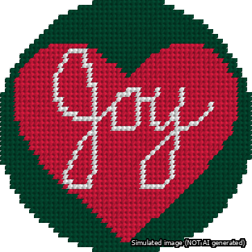 A simulated image of the stitched needlepoint design: Joy Heart Circle. Not A.I. generated.