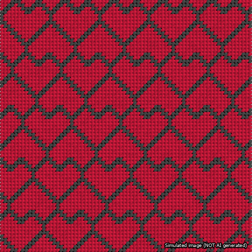 A simulated image of the stitched needlepoint design: Lopsided Heart Grid Black on Red. Not A.I. generated.