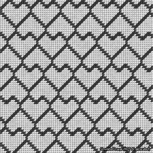 A simulated image of the stitched needlepoint design: Lopsided Heart Grid Black on White. Not A.I. generated.