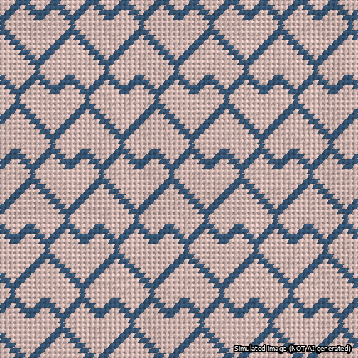 A simulated image of the stitched needlepoint design: Lopsided Heart Grid Blue on Pink. Not A.I. generated.