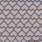 A simulated image of the stitched needlepoint design: Lopsided Heart Grid Blue on Pink. Not A.I. generated.