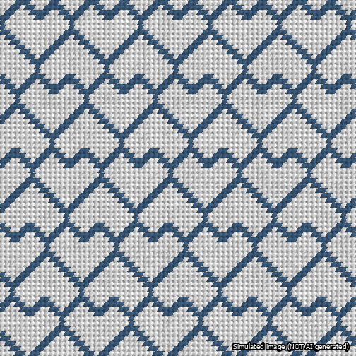 A simulated image of the stitched needlepoint design: Lopsided Heart Grid Blue on White. Not A.I. generated.