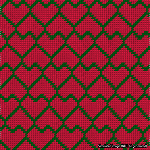 A simulated image of the stitched needlepoint design: Lopsided Heart Grid Green on Red. Not A.I. generated.