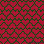 A simulated image of the stitched needlepoint design: Lopsided Heart Grid Green on Red. Not A.I. generated.