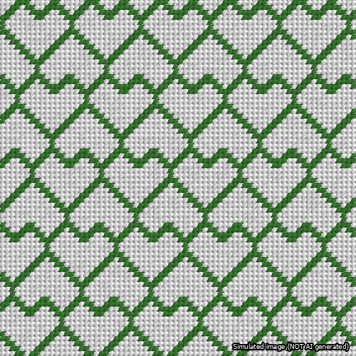 A simulated image of the stitched needlepoint design: Lopsided Heart Grid Green on White. Not A.I. generated.