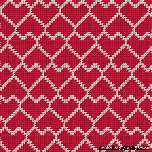 A simulated image of the stitched needlepoint design: Lopsided Heart Grid Pink on Red. Not A.I. generated.