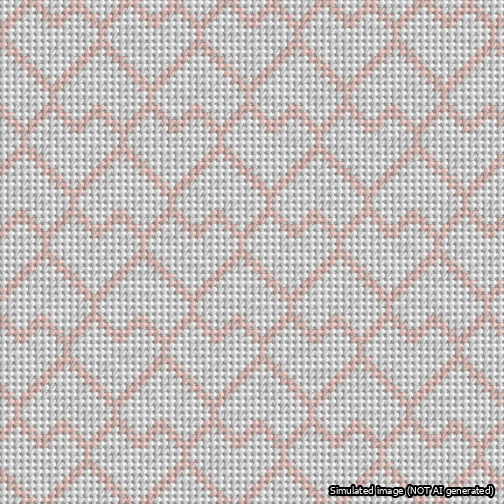 A simulated image of the stitched needlepoint design: Lopsided Heart Grid Pink on White. Not A.I. generated.