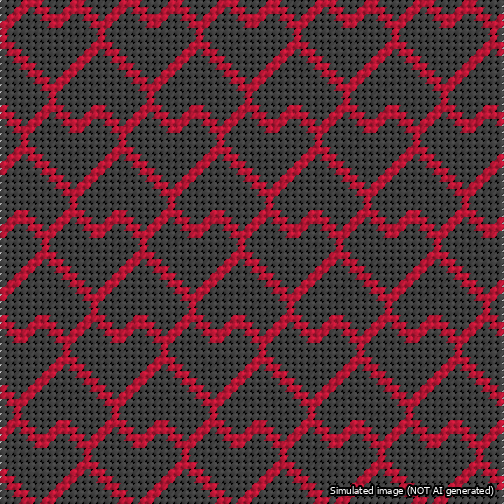 A simulated image of the stitched needlepoint design: Lopsided Heart Grid Red on Black. Not A.I. generated.