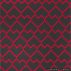A simulated image of the stitched needlepoint design: Lopsided Heart Grid Red on Black. Not A.I. generated.