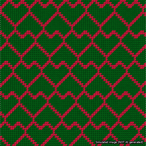 A simulated image of the stitched needlepoint design: Lopsided Heart Grid Red on Green. Not A.I. generated.