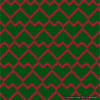 A simulated image of the stitched needlepoint design: Lopsided Heart Grid Red on Green. Not A.I. generated.