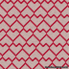 A simulated image of the stitched needlepoint design: Lopsided Heart Grid Red on Pink. Not A.I. generated.