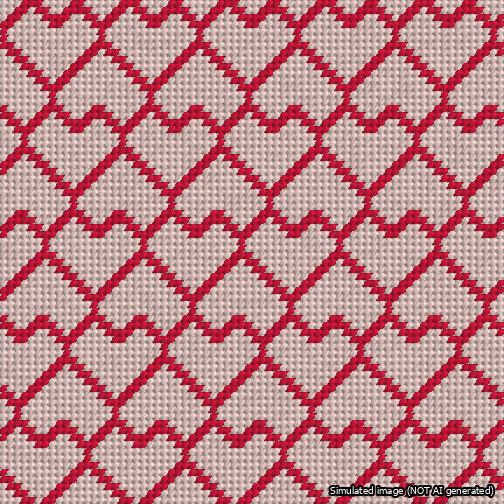 A simulated image of the stitched needlepoint design: Lopsided Heart Grid Red on Pink. Not A.I. generated.
