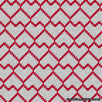 A simulated image of the stitched needlepoint design: Lopsided Heart Grid Red on White. Not A.I. generated.