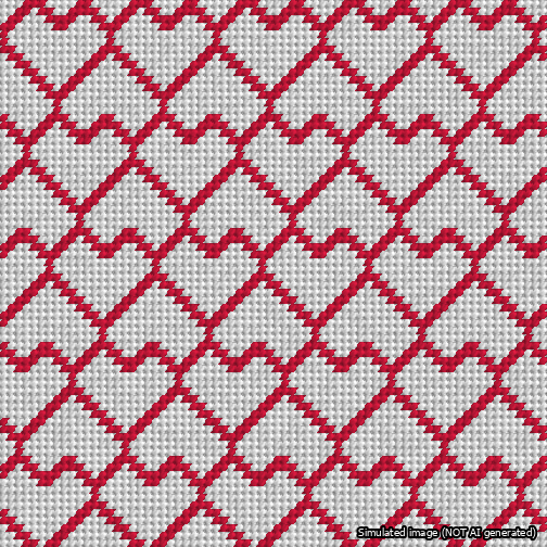A simulated image of the stitched needlepoint design: Lopsided Heart Grid Red on White. Not A.I. generated.
