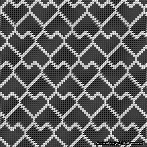 A simulated image of the stitched needlepoint design: Lopsided Heart Grid White on Black. Not A.I. generated.