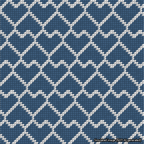 A simulated image of the stitched needlepoint design: Lopsided Heart Grid White on Blue. Not A.I. generated.