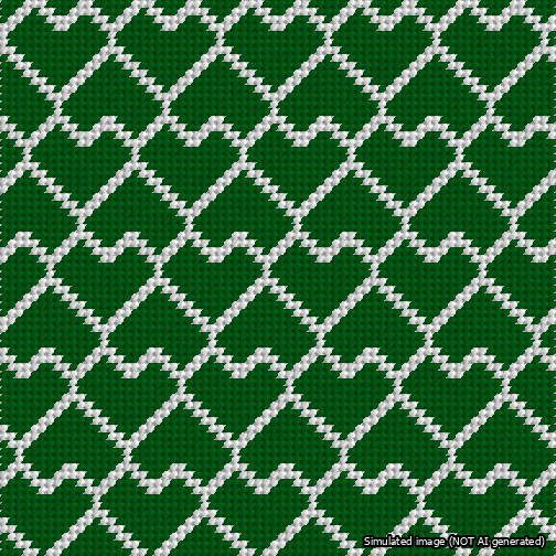 A simulated image of the stitched needlepoint design: Lopsided Heart Grid White on Green. Not A.I. generated.