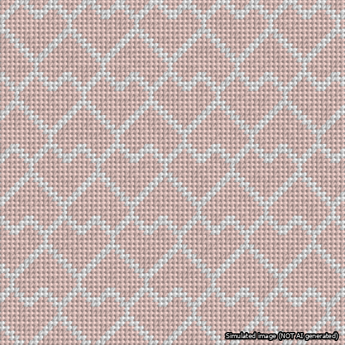 A simulated image of the stitched needlepoint design: Lopsided Heart Grid White on Pink. Not A.I. generated.