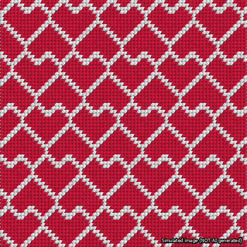 A simulated image of the stitched needlepoint design: Lopsided Heart Grid White on Red. Not A.I. generated.