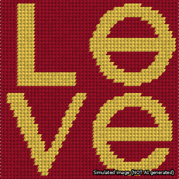 A simulated image of the stitched needlepoint design: Love Square. Not A.I. generated.
