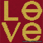 A simulated image of the stitched needlepoint design: Love Square. Not A.I. generated.