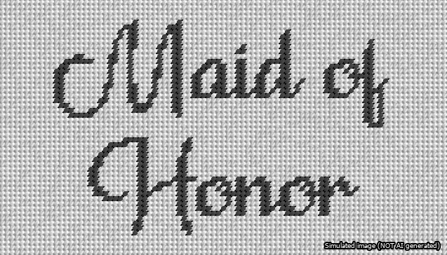 A simulated image of the stitched needlepoint design: Maid of Honor Bag Insert. Not A.I. generated.