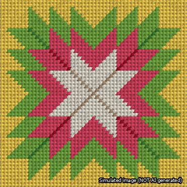 A simulated image of the stitched needlepoint design: Quilt Star Christmas Cream-Red-Green-Yellow. Not A.I. generated.