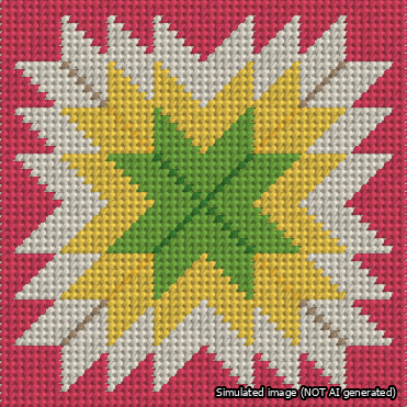 A simulated image of the stitched needlepoint design: Quilt Star Christmas Green-Yellow-Cream-Red. Not A.I. generated.