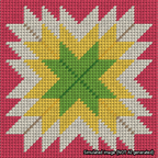 A simulated image of the stitched needlepoint design: Quilt Star Christmas Green-Yellow-Cream-Red. Not A.I. generated.