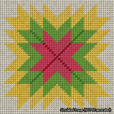 A simulated image of the stitched needlepoint design: Quilt Star Christmas Red-Green-Yellow-Cream. Not A.I. generated.