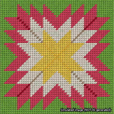 A simulated image of the stitched needlepoint design: Quilt Star Christmas Yellow-Cream-Red-Green. Not A.I. generated.