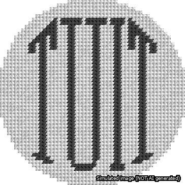 A simulated image of the stitched needlepoint design: Round TUIT Black on White. Not A.I. generated.