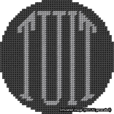 A simulated image of the stitched needlepoint design: Round TUIT Gray on Black. Not A.I. generated.