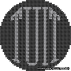 A simulated image of the stitched needlepoint design: Round TUIT Gray on Black. Not A.I. generated.
