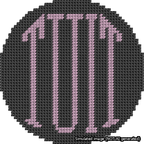 A simulated image of the stitched needlepoint design: Round TUIT Pink on Black. Not A.I. generated.
