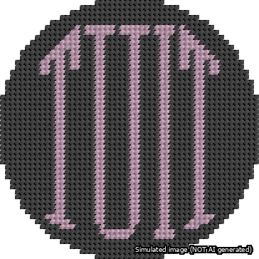 A simulated image of the stitched needlepoint design: Round TUIT Pink on Black. Not A.I. generated.