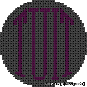 A simulated image of the stitched needlepoint design: Round TUIT Purple on Black. Not A.I. generated.