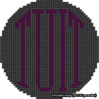 A simulated image of the stitched needlepoint design: Round TUIT Purple on Black. Not A.I. generated.