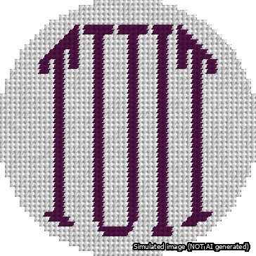 A simulated image of the stitched needlepoint design: Round TUIT Purple on White. Not A.I. generated.