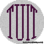 A simulated image of the stitched needlepoint design: Round TUIT Purple on White. Not A.I. generated.