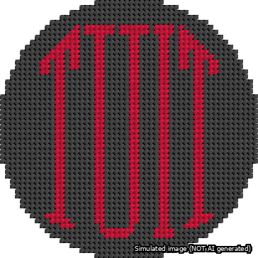 A simulated image of the stitched needlepoint design: Round TUIT Red on Black. Not A.I. generated.