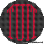 A simulated image of the stitched needlepoint design: Round TUIT Red on Black. Not A.I. generated.