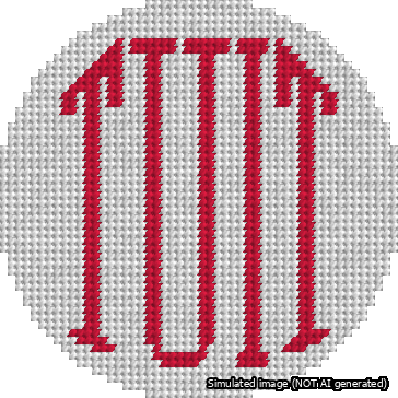 A simulated image of the stitched needlepoint design: Round TUIT Red on White. Not A.I. generated.