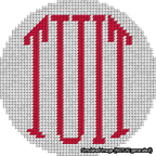 A simulated image of the stitched needlepoint design: Round TUIT Red on White. Not A.I. generated.
